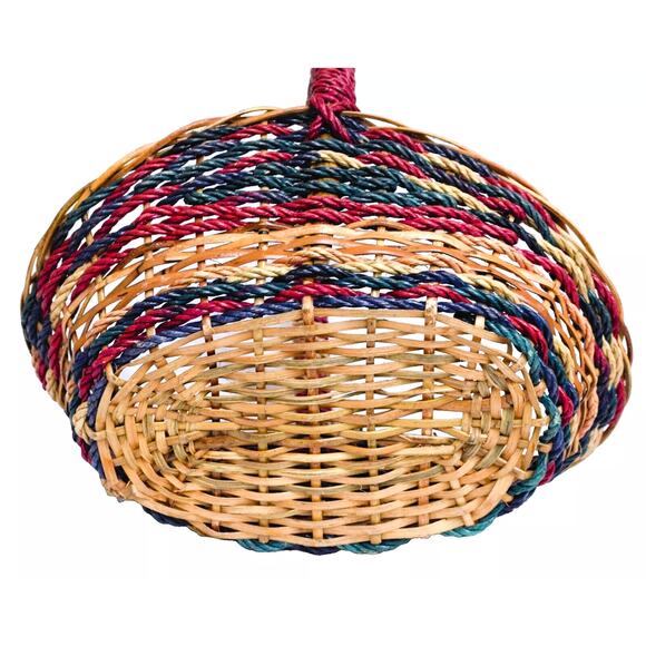 Wicker Frame Basket Red and Green Woven Rope Oval Bamboo Handle 12 x 17 Inches - Picture 3 of 3
